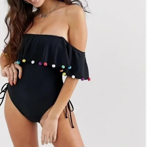 ASOS Rainbow Pom Pom One Piece Off Shoulder Bathing Suit Swimsuit Bikini - Picture 2 of 10